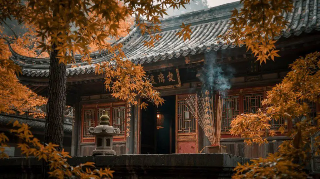 chinese temple in autumn with golden autumn leaves