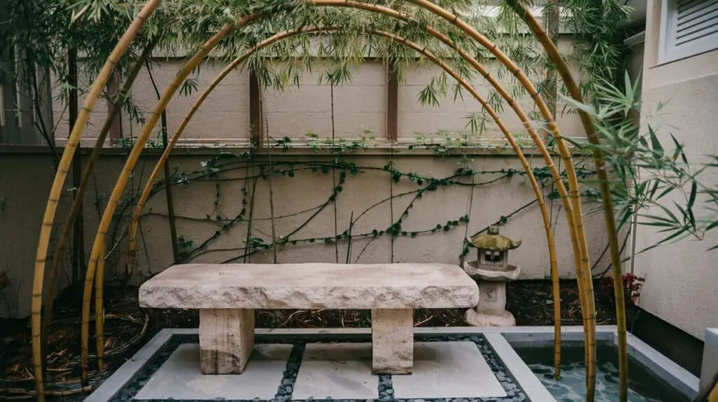 chinese stone bench underneath bamboo in yard